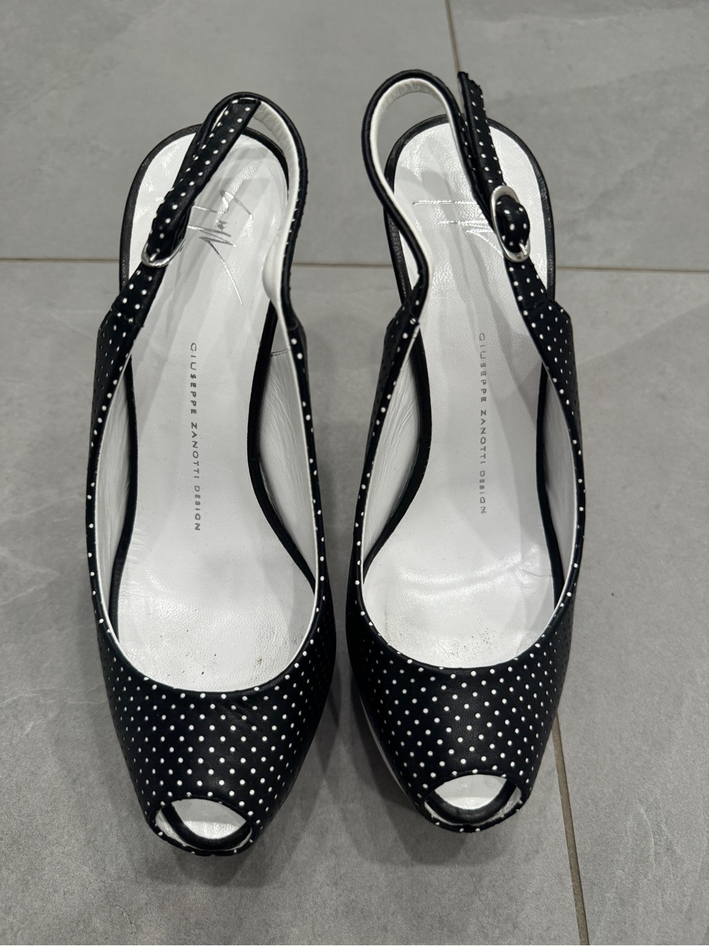 Guiseppe Zanotti Black and White Polka Dot Peep-Toe Slingback Heels